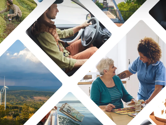 Collage of workers across diverse industries including transportation, healthcare, manufacturing, and renewable energy