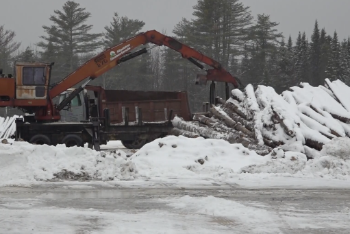A tractor moving logs in the snow