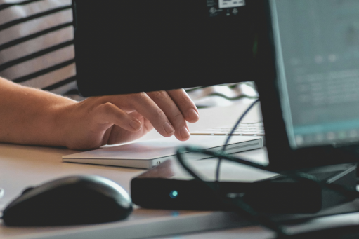 A zoom in on a person's hand utilizing a computer