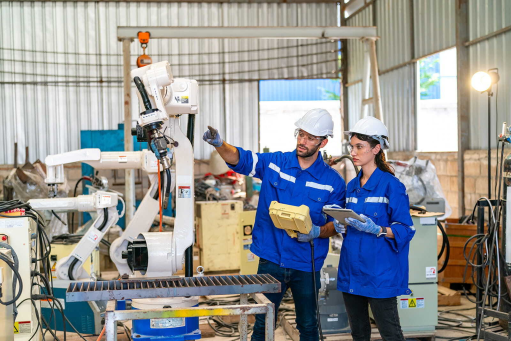 Image of two workers in uniforms in a manufacturing facility working together with machinery in the background.